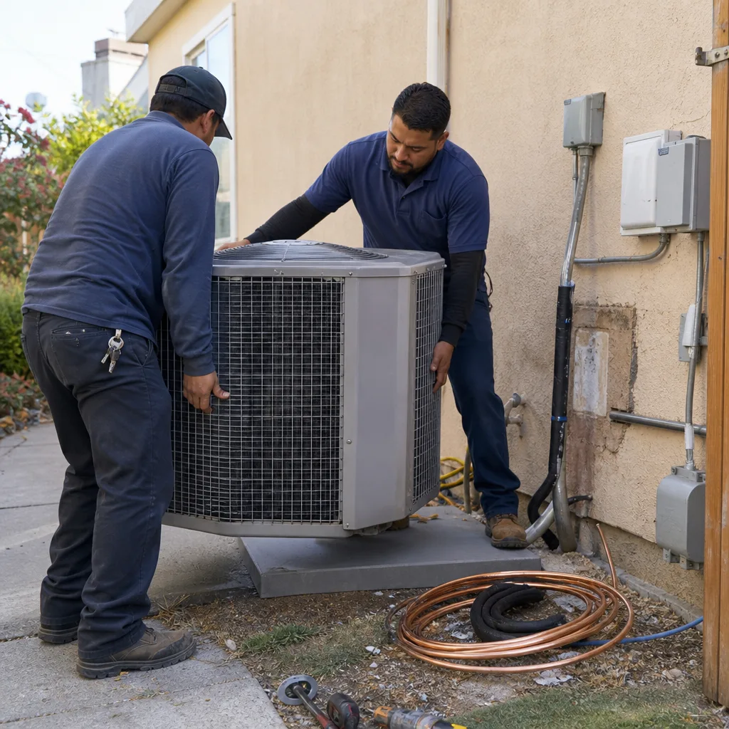 Two professional HVAC technicians installing an outdoor air conditioning unit.