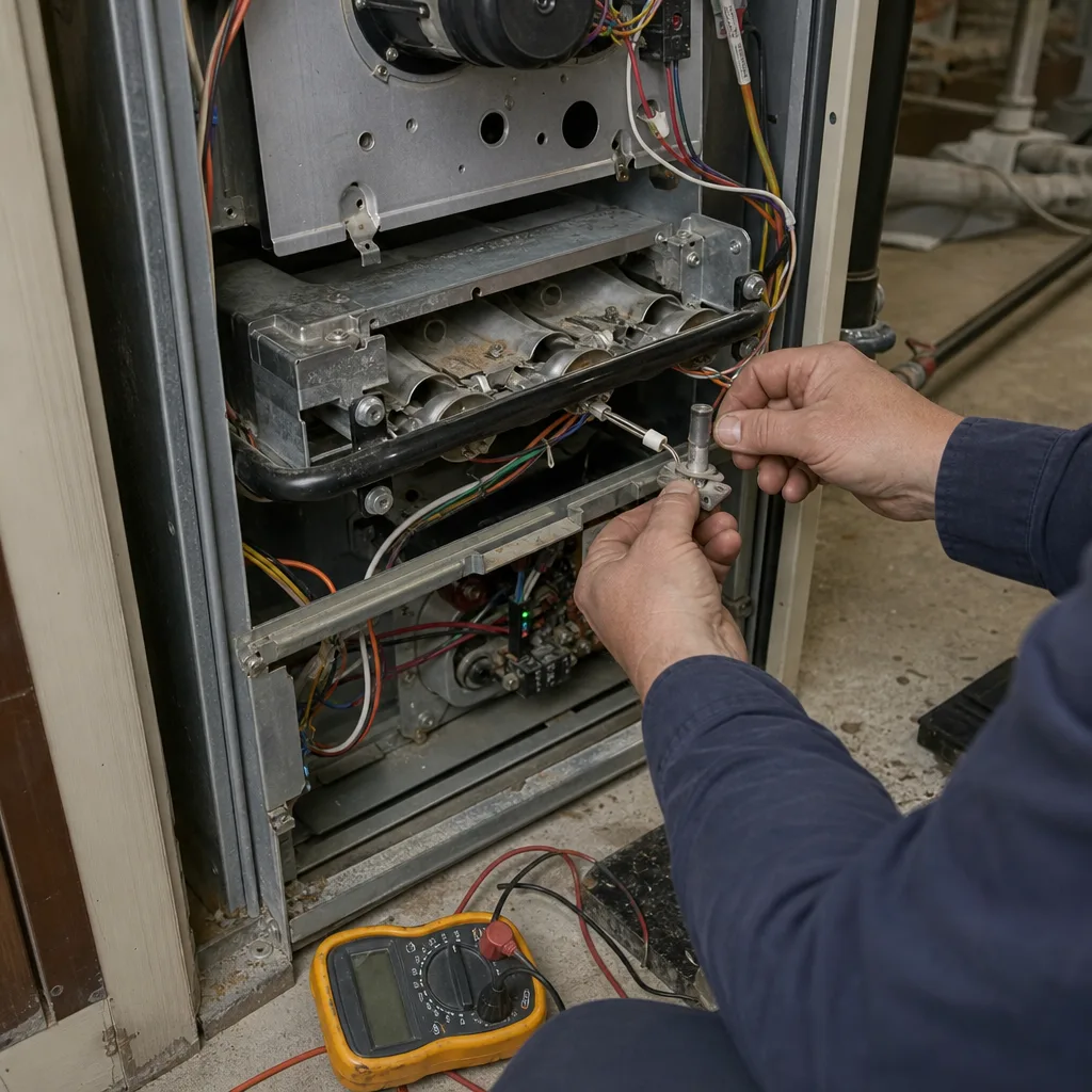 HVAC technician performing professional furnace repair and diagnostic testing