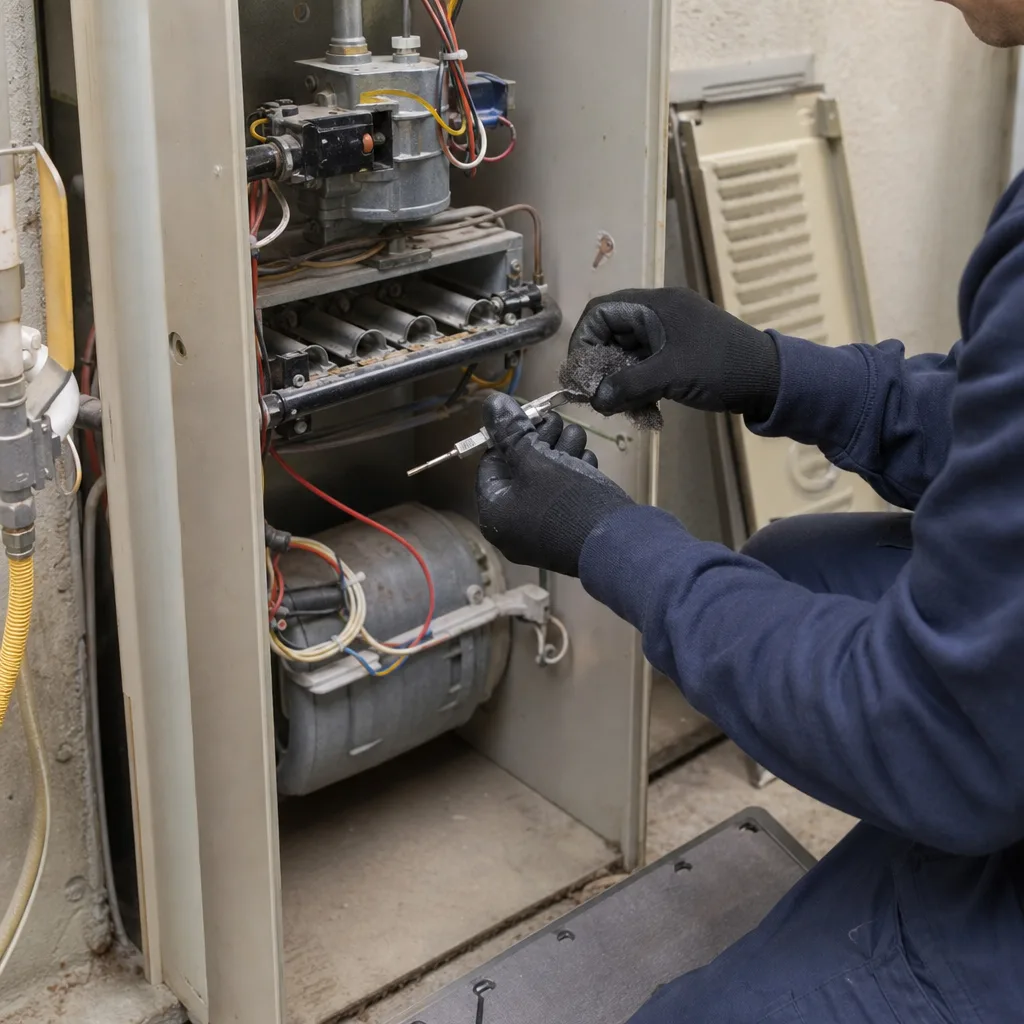HVAC technician cleaning furnace flame sensor during professional heating repair