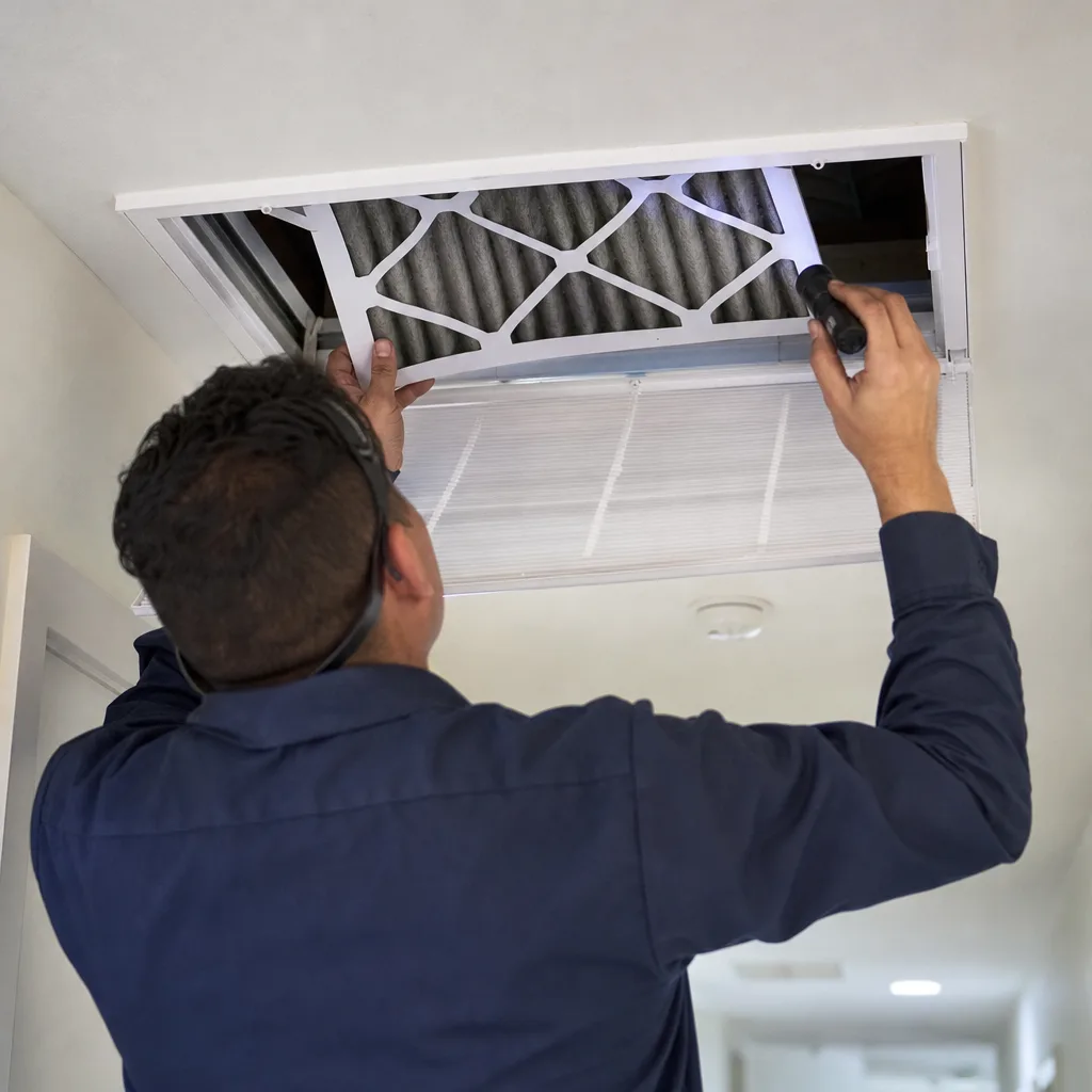 HVAC technician installing or inspecting a residential air filter in the ceiling
