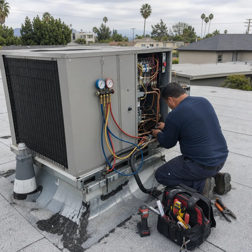 HVAC technician performing heat pump installation and maintenance on a roof unit